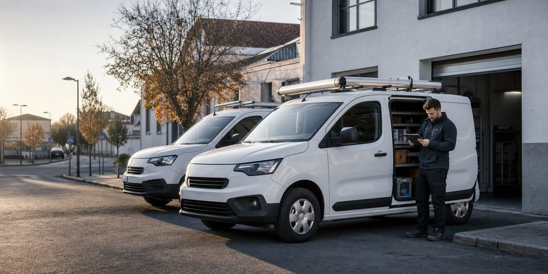 Two white service vans outside a workshop with a technician checking jobs on a tablet.